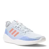 Championes de running Adidas Fluidflow 2.0, confeccionados en tejido textil transpirable en tonos celestes con las icónicas tres tiras laterales en color naranja. Presentan una mediasuela blanca de amortiguación suave y cierre con cordones.