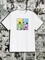 Remera blanca de algodón con estampado de cuatro personajes del anime SK8 The Infinity en recuadros de colores.