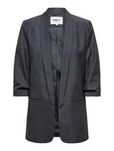 Blazer de corte regular color gris oscuro melange, con cuello solapa y bolsillos frontales. Las mangas están remangadas.