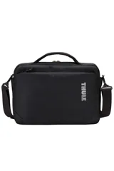 Maletín Thule Subterra para MacBook de 13 pulgadas, color negro, con asa superior, correa de hombro ajustable y extraíble, y compartimentos organizadores internos.