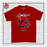 Remera roja de algodón con estampa frontal inspirada en la serie Evangelion, presentando al EVA-02 y el texto 'Thrice Upon A Time'.