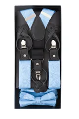 Set de tirantes con moño y pañuelo de bolsillo, color azul con estampado floral en tonos grises. Los tirantes son ajustables y tienen apliques para abrochar a botones o pinzas metálicas para sujetarlos al pantalón.