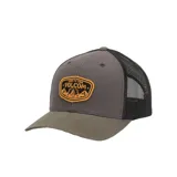 Gorra Volcom Mountainside Cheese con visera curva, paneles frontales grises, paneles traseros de rejilla negra y parche bordado con el logo de la marca.