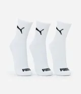 Kit de tres pares de medias deportivas Puma blancas con logo negro.