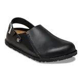 Zueco de cuero negro modelo Lutry Premium Lena, con tira ajustable en el talón y hebilla metálica.