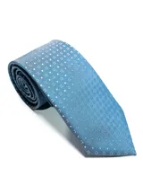 Corbata de seda azul marino con estampado paisley en tonos rosados y blancos.