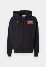 Hoodie con cierre frontal de color negro, confeccionado en tejido de algodón y poliéster reciclado. Presenta un corte holgado y cuadrado, con capucha de tres piezas, bolsillo canguro, puños y dobladillo acanalados. Posee un logo de trébol dorado bordado en el lado izquierdo del pecho y un estampado gráfico en el lado derecho del pecho con tipografía en rojo, verde y amarillo.