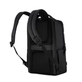 Mochila de formato cuadrado, color azul marino, con múltiples compartimentos frontales con cierre. Posee un asa superior para llevarla de mano.