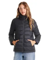 Campera puffer de plumas Michael Kors, color azul oscuro, con diseño capitoneado, cierre frontal metálico y bolsillos laterales. Cuenta con cuello alto que oculta una capucha y avíos metálicos con logo.
