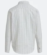 Camisa de corte comfort confeccionada en algodón texturizado con diseño de rayas horizontales finas. Presenta cuello camisero, manga larga con puños abotonados y cierre frontal con botones.