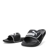 Sandalias tipo ojota Puma modelo Leadcat 2.0 V, color negro con detalles en blanco. Presentan una banda superior ajustable con cierre de velcro y el logo de la marca estampado en contraste.