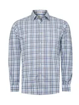 Camisa de manga larga para hombre, modelo Mild de RKF, con diseño a cuadros en tonos de azul y blanco. Confeccionada en mezcla de algodón orgánico, nylon y spandex, cuenta con cuello camisero, cierre frontal de botones y un bolsillo aplicado en el pecho con logo bordado.