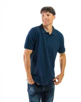 Chomba manga corta color borgoña con cuello clásico y borde azul marino.