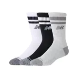 Pack de tres pares de medias New Balance unisex, modelo Striped Crew Socks. Un par blanco con rayas negras, un par negro con rayas blancas y un par gris con rayas grises.
