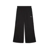 Pantalón deportivo Puma Wardrobe ESS Low Rise Popper, color negro, de corte ancho y tiro bajo, con botones a presión en los laterales y logo estampado en la pierna izquierda.