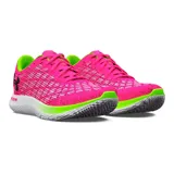 Championes de running Under Armour Flow Velociti, con parte superior Warp transpirable en color fucsia y detalles en verde neón. Presenta mediasuela Flow de una sola pieza para amortiguación reactiva y suela sin goma para mayor ligereza y tracción.