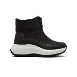 Bota corta tipo puffer con cierre frontal, confeccionada en una combinación de material textil acolchado y cuero sintético en la base. Cuenta con una suela de plataforma blanca con diseño dentado en color negro.