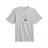 Remera gris jaspeado de Adidas con estampado de un personaje sentado en una patineta con el texto "International Sports".