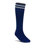 Medias de fútbol de caña alta color azul marino, con diseño acanalado y dos franjas horizontales blancas en la parte superior.