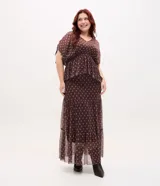 Blusa bata de manga corta holgada de tule marrón con estampado geométrico, cuello en V, lazo en las mangas y fruncido en la cintura.