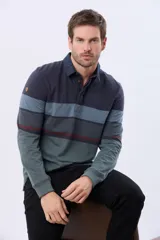 Remera polo de manga larga con diseño de franjas horizontales en tonos azul, gris y detalles en bordó. Presenta cuello camisero con cierre de botones y puños elásticos.