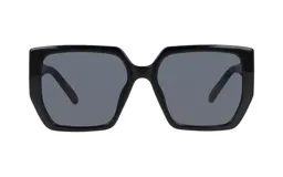 Lentes de sol cuadrados con montura gruesa de acetato color negro y lentes grises.