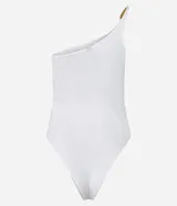 Body blanco de jersey con escote asimétrico y un solo bretel fino decorado.