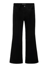 Jeans negros de corte flare, tiro medio y diseño clásico con bolsillos.