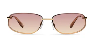 Lentes de sol con diseño envolvente de estilo Y2K, montura metálica dorada y cristales rectangulares con degradado en tonos marrones.