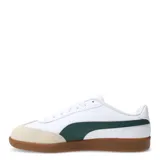 Championes urbanos Puma modelo 9T, color negro con detalles en blanco. Presentan una combinación de cuero sintético y gamuza en la puntera, con la icónica franja lateral de la marca y suela de goma color caramelo.