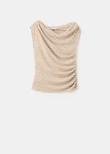Camiseta sin mangas con cuello bote y diseño a rayas horizontales en tonos beige y blanco.