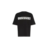 Remera negra Dsquared2 de manga corta y corte oversize con estampado frontal de la inscripción 'OBSESSED2' en color blanco.