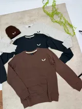 Buzo de cuello redondo y manga larga, confeccionado en tela suave y cómoda. Presenta un diseño minimalista con un pequeño logo bordado en el pecho y puños acanalados.