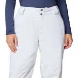 Pantalón de nieve Columbia Bugaboo II Omni-Heat para mujer, de color blanco con detalles negros en los dobladillos inferiores, diseñado con tecnología impermeable y transpirable para deportes de invierno.