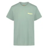 Remera de manga corta color verde menta, con cuello redondo y logo de la marca Merrell estampado en pequeño en el pecho.