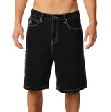 Bermuda de denim Rip Curl modelo Nu Dose Denim Walk 22", color negro con costuras en contraste de color blanco. Presenta bolsillos laterales tipo carpintero y presillas para cinturón.