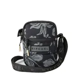 Bolso bandolera Rip Curl Weekend Travel Crossbody, color negro con estampado de flores grises y logo de la marca en el frente.