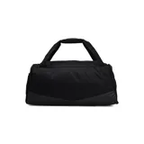 Bolso deportivo Under Armour Undeniable 5.0, color negro con logo de la marca en color dorado. Cuenta con correa ajustable para el hombro y asas de mano, ideal para transportar equipamiento deportivo.