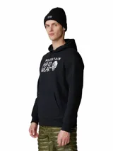 Hoodie de hombre Mountain Hardwear color negro, con capucha con cordón ajustable, bolsillo tipo canguro y estampado gráfico en blanco en el pecho con el nombre de la marca.