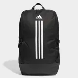 Mochila deportiva negra con tres franjas verticales blancas y el logo de Adidas en la parte superior frontal. Presenta base revestida resistente al desgaste y correas ajustables para los hombros.