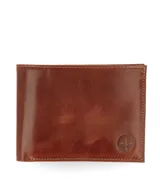 Billetera de cuero color marrón con costuras a tono y logo en bajo relieve.