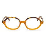 Anteojos de receta con armazón de acetato en diseño redondeado, combinando un tono ámbar translúcido en la parte inferior con un patrón carey en la parte superior.