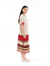 Vestido midi de punto de manga corta con detalles calados y diseño de rayas horizontales tricolor en la parte inferior. Presenta cuello redondo y logo bordado en el pecho.