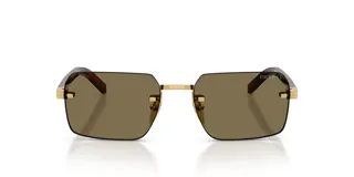 Lentes de sol Prada modelo 55, con armazón metálico dorado y patillas en carey, con cristales marrones geométicos.