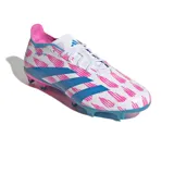 Championes de fútbol Adidas Predator League, color blanco con detalles en rosa y azul.