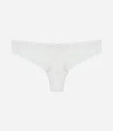 Bombacha de lencería color azul grisáceo, modelo bikini hilo, confeccionada en encaje floral con detalles de costura en forma de 'V' en el frente.