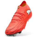 Championes de fútbol Puma Future 9 Ultimate FG, color naranja vibrante, con cuello tejido integrado y logo Puma en el lateral. Suela con tapones diseñados para césped firme (FG).
