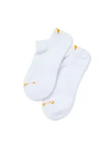 Medias tobilleras blancas con detalle de logo y triángulo en color naranja. Cuentan con suela acolchonada y arco ribeteado para mayor soporte.