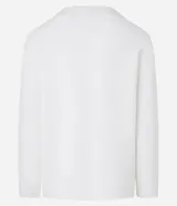 Bata masculina de manga larga en color blanco, confeccionada en tejido texturizado de algodón y poliéster. Presenta cuello en V con detalle de cordones cruzados y lazo ajustable.