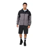 Campera con capucha Rusty Aidan, color negro y gris, con cierre frontal y logo estampado en el pecho.